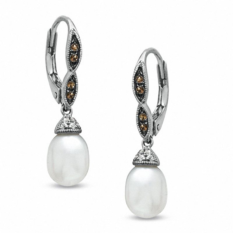7.0 - 7.5mm Cultured Freshwater Pearl, Smoky Quartz and Lab-Created White Sapphire Drop Earrings in Sterling  Silver