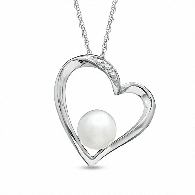 Main Image 1 of 6.5-7.0mm Freshwater Cultured Pearl and Diamond Accent Heart Pendant in Sterling Silver