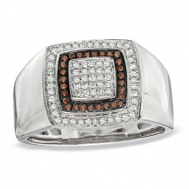 Men's 1/3 CT. T.W. Enhanced Cognac and White Diamond Frame Ring in 10K White Gold