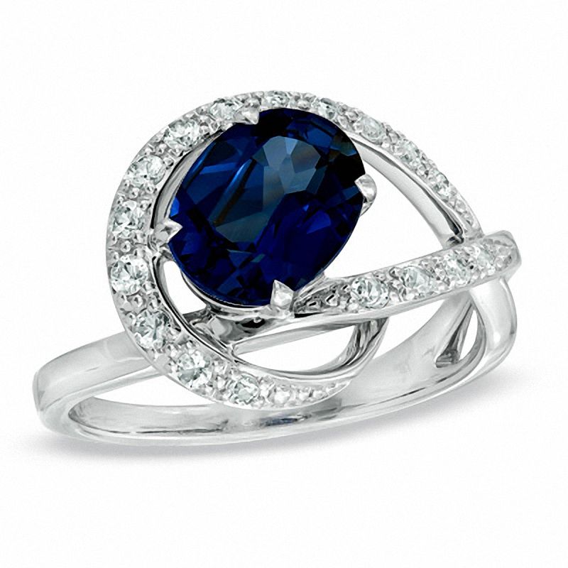 Oval Lab-Created Blue and White Sapphire Swirl Ring in 14K White Gold