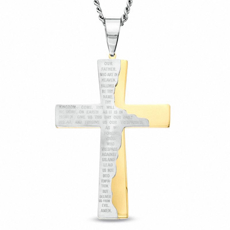 Men's Lord's Prayer Cross Pendant in Stainless Steel and Yellow IP - 24"