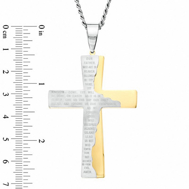 Men's Lord's Prayer Cross Pendant in Stainless Steel and Yellow IP - 24"