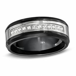 Men's 8.0mm 1/8 CT. T.W. Diamond Black Ceramic and Stainless Steel Wedding Band
