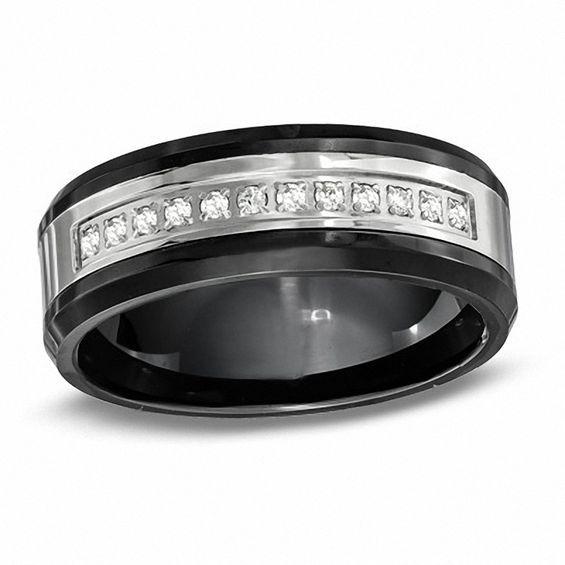 Men s 8.0mm 1 6 CT. T.W. Diamond Black Ceramic and Stainless Steel Wedding Band Zales Outlet