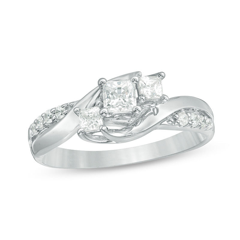 Main Image 1 of 1/2 CT. T.W. Princess-Cut Diamond Three Stone Swirl Ring in 14K White Gold