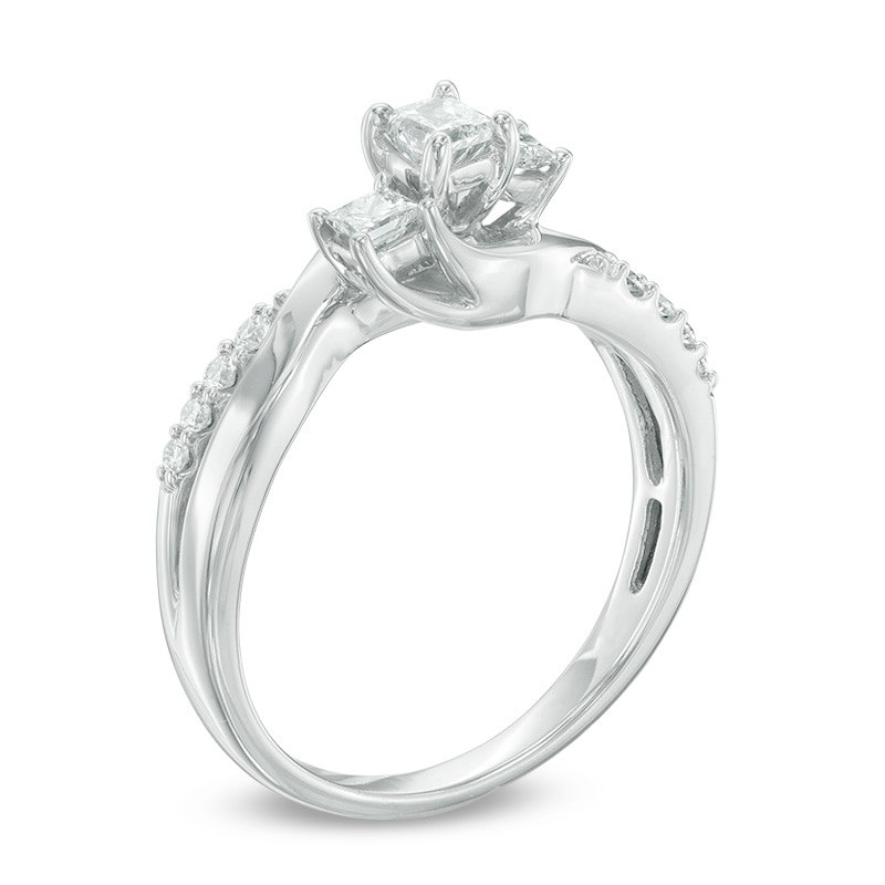 Main Image 2 of 1/2 CT. T.W. Princess-Cut Diamond Three Stone Swirl Ring in 14K White Gold