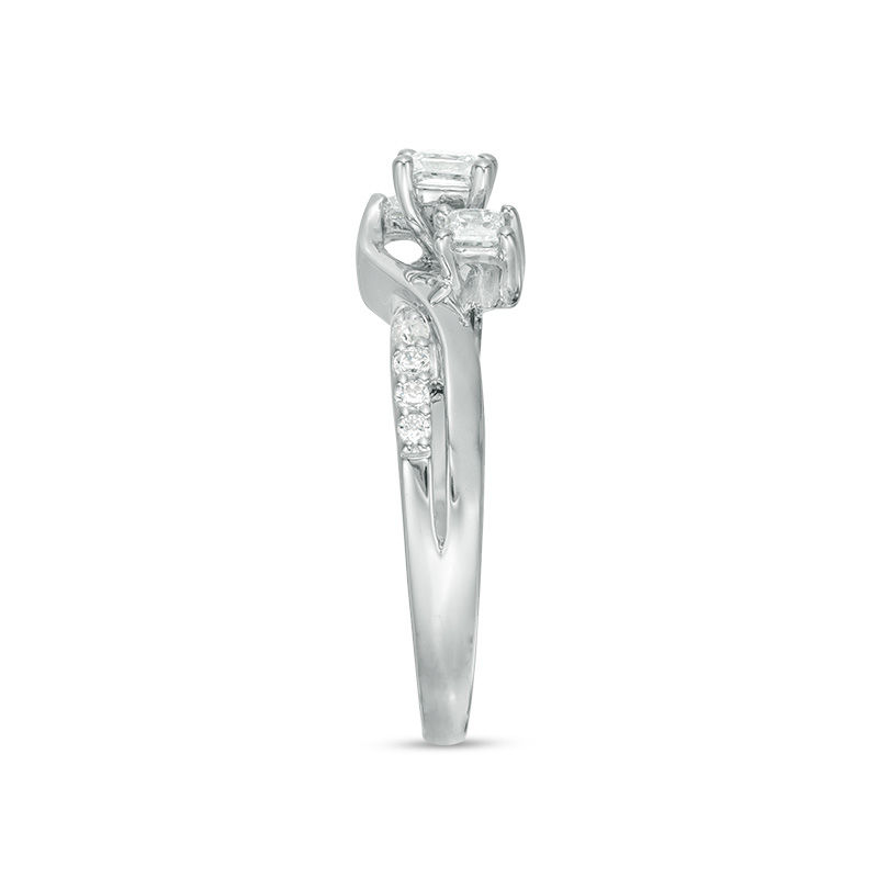 Main Image 5 of 1/2 CT. T.W. Princess-Cut Diamond Three Stone Swirl Ring in 14K White Gold