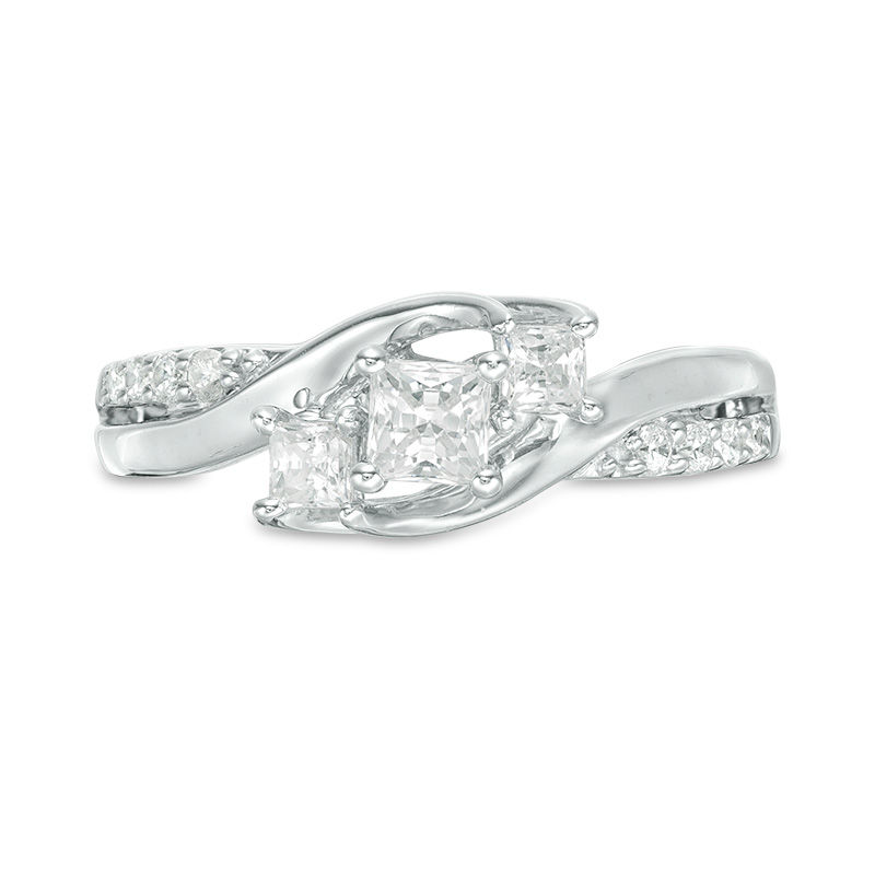 Main Image 7 of 1/2 CT. T.W. Princess-Cut Diamond Three Stone Swirl Ring in 14K White Gold