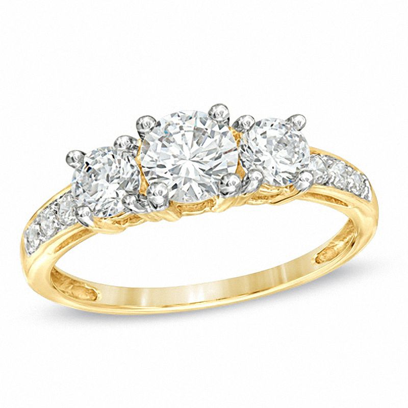 Main Image 1 of White Lab-Created Sapphire Channel Three Stone Ring in 10K Gold