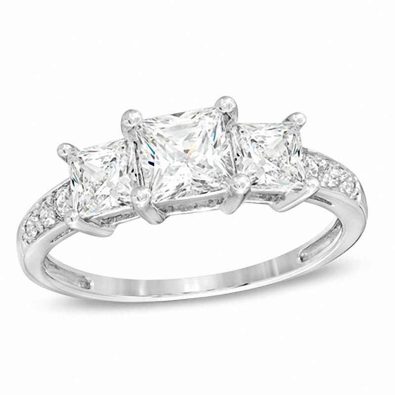 Main Image 1 of Princess-Cut White Lab-Created Sapphire Three Stone Ring in 10K White Gold