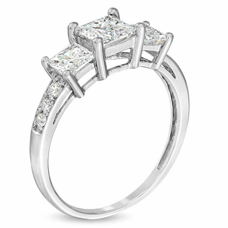 Main Image 2 of Princess-Cut White Lab-Created Sapphire Three Stone Ring in 10K White Gold