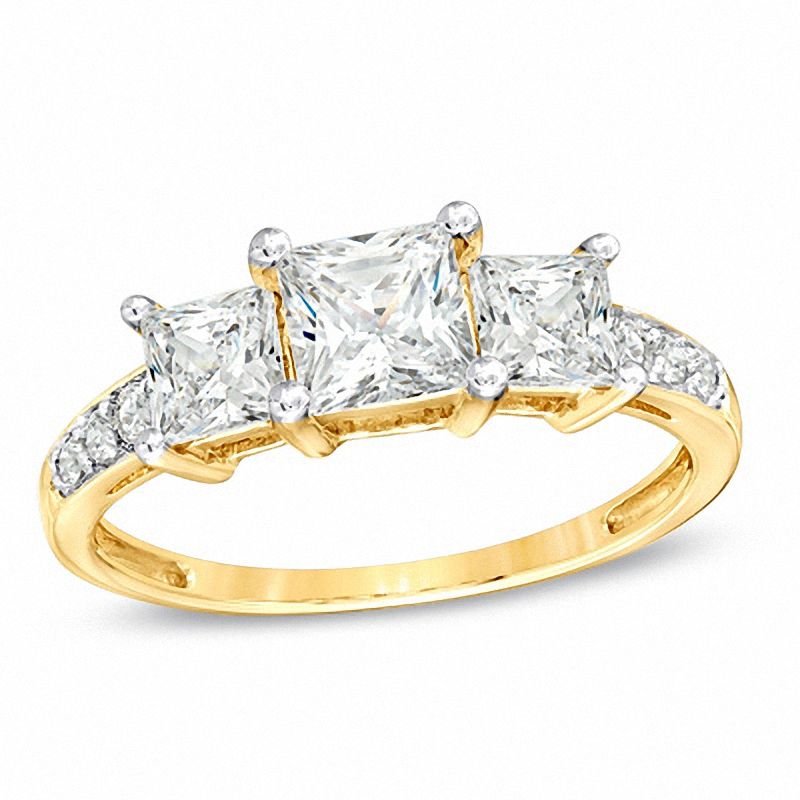 Main Image 1 of Princess-Cut Lab-Created White Sapphire Three Stone Ring in 10K Gold