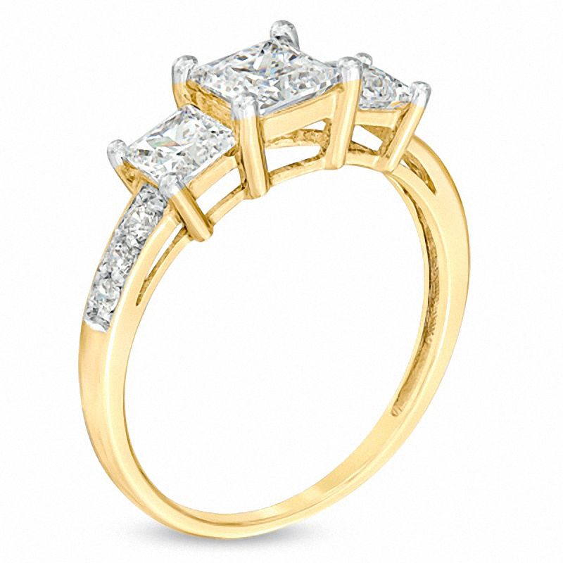 Main Image 2 of Princess-Cut Lab-Created White Sapphire Three Stone Ring in 10K Gold