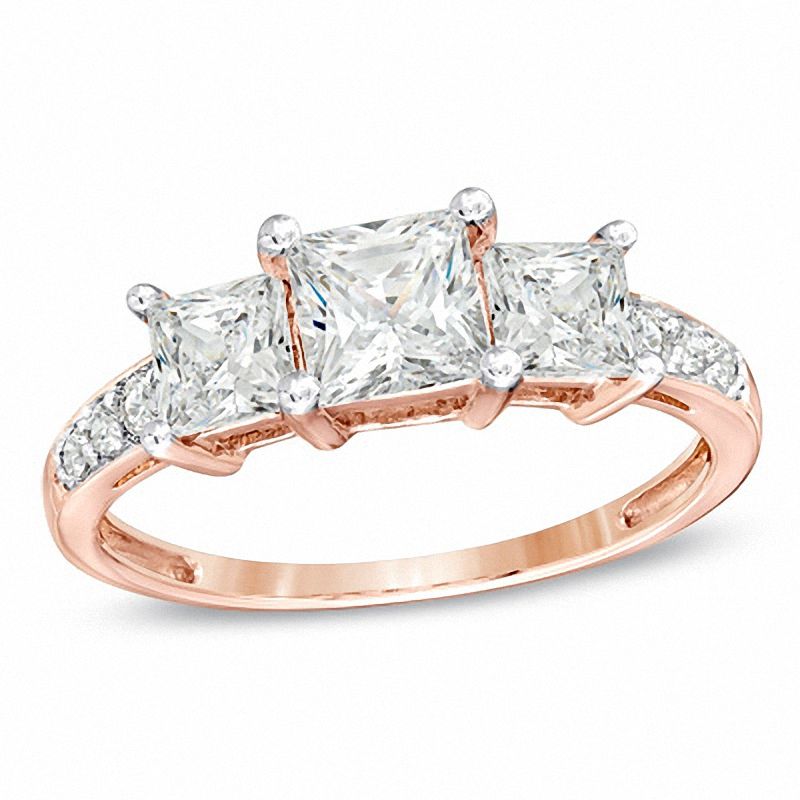 Princess-Cut Lab-Created White Sapphire Three Stone Ring in 10K Rose Gold