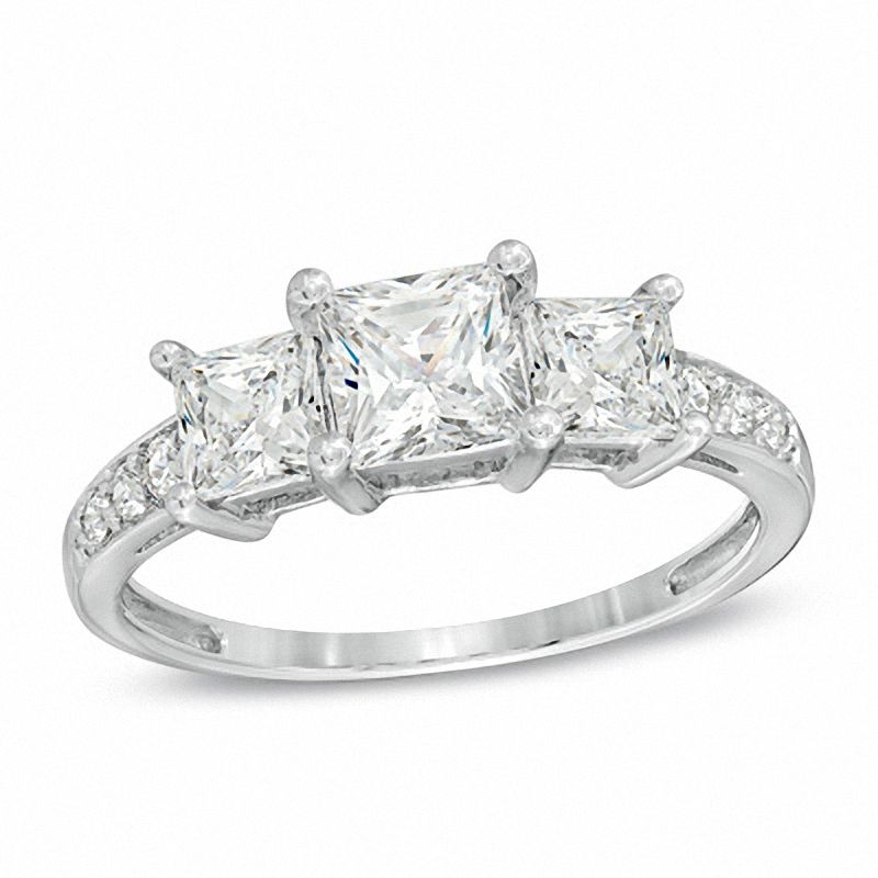 Main Image 1 of Princess-Cut Lab-Created White Sapphire Three Stone Ring in Sterling Silver