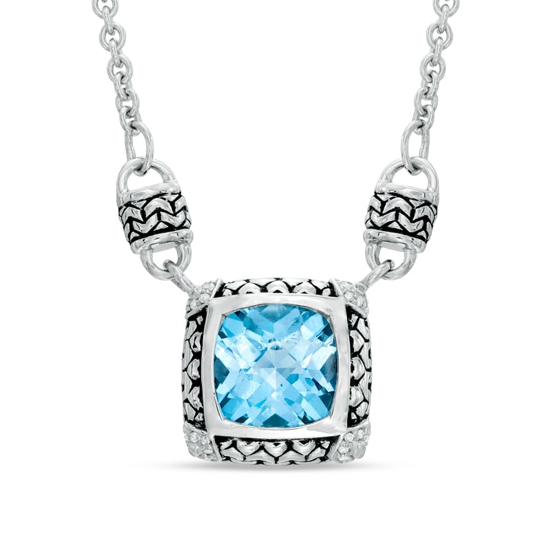 10.0mm Cushion-Cut Blue Topaz and 1/10 CT. T.W. Diamond Necklace in Sterling Silver - 17"