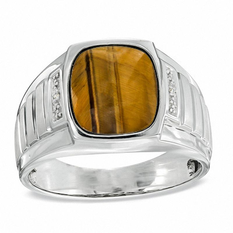 Men's Cushion-Cut Tiger's Eye and Diamond Accent Ring in Sterling Silver