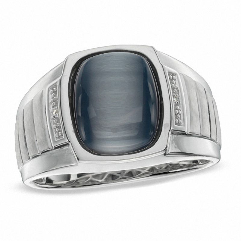 Men's Cushion-Cut Simulated Grey Hawk's Eye Ring in Sterling Silver