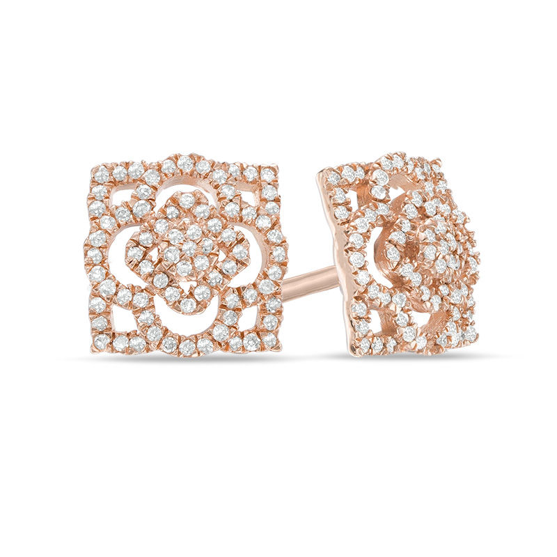 Main Image 1 of 3/8 CT. T.W. Diamond Clover Square Stud Earrings in 10K Rose Gold