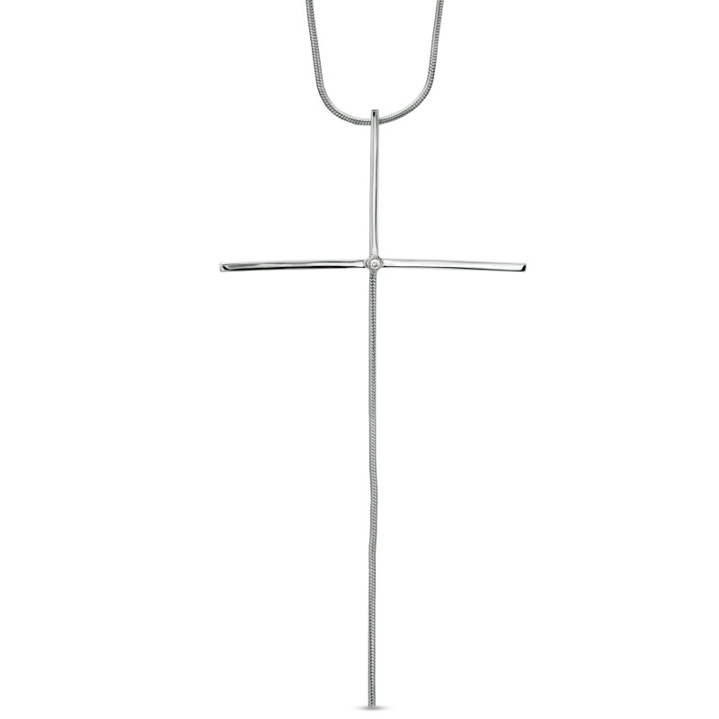 Main Image 1 of Diamond Accent Long Stick Cross Pendant in Sterling Silver - 16"