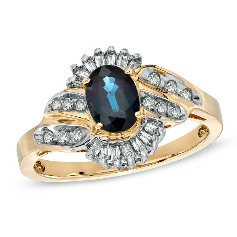 Main Image 1 of Oval Blue Sapphire and 1/3 CT. T.W. Baguette and Round Diamond Ring in 14K Gold