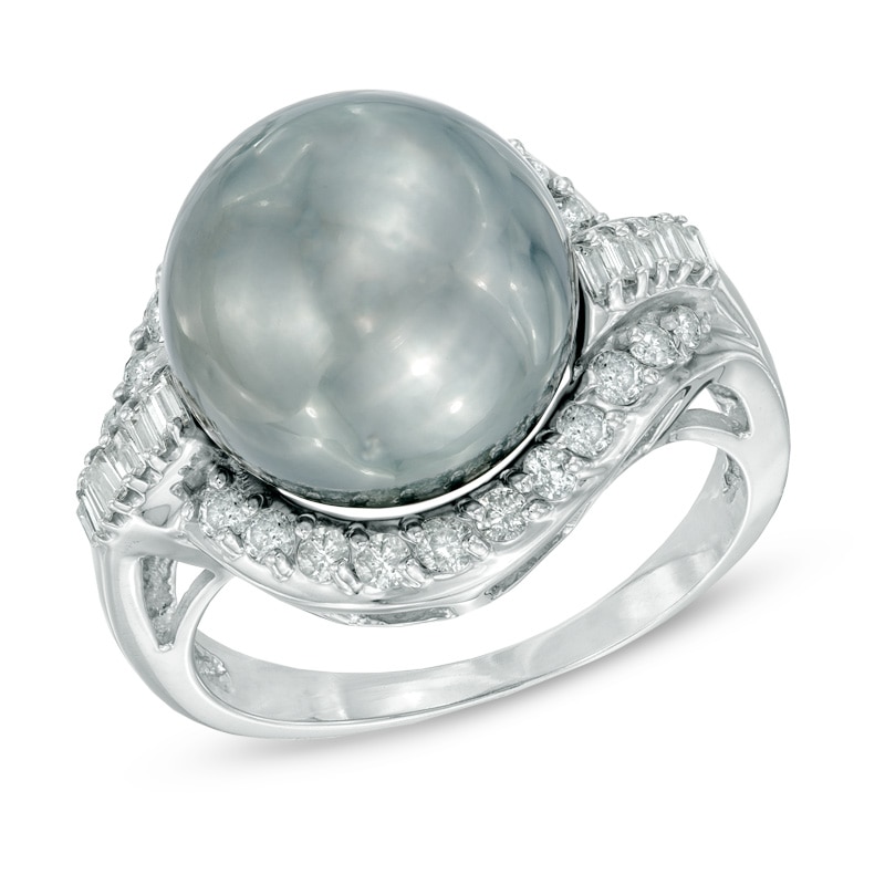 Main Image 1 of 12.0mm Tahitian Cultured Pearl and 5/8 CT. T.W. Diamond Ring in 14K White Gold