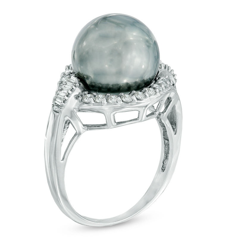 Main Image 2 of 12.0mm Tahitian Cultured Pearl and 5/8 CT. T.W. Diamond Ring in 14K White Gold
