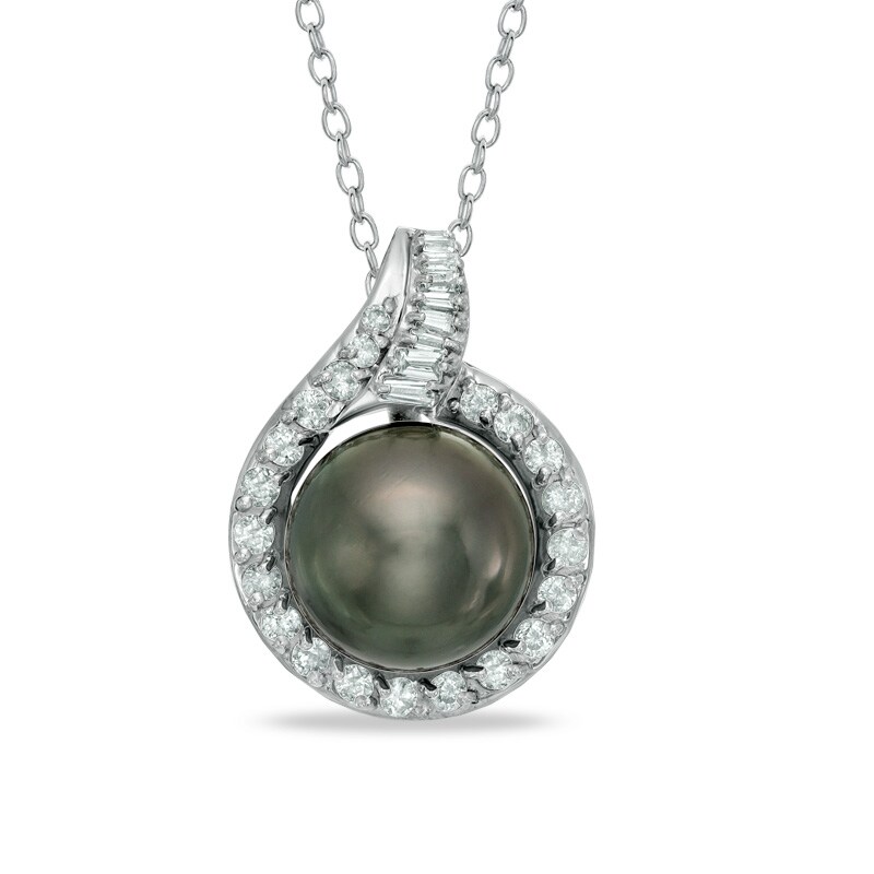 12.0mm Cultured Tahitian Pearl and 1/2 CT. T.W. Diamond Pendant in 14K White Gold