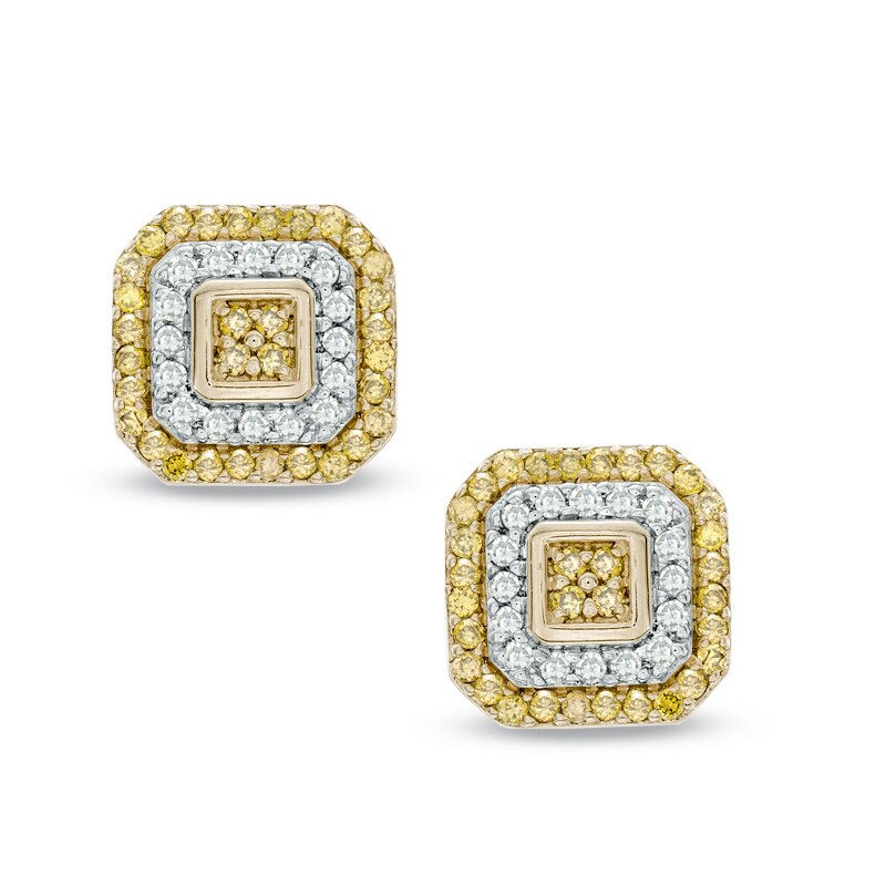 Main Image 1 of 1/2 CT. T.W. Enhanced Yellow and White Diamond Double Octagonal Frame Stud Earrings in 10K Gold