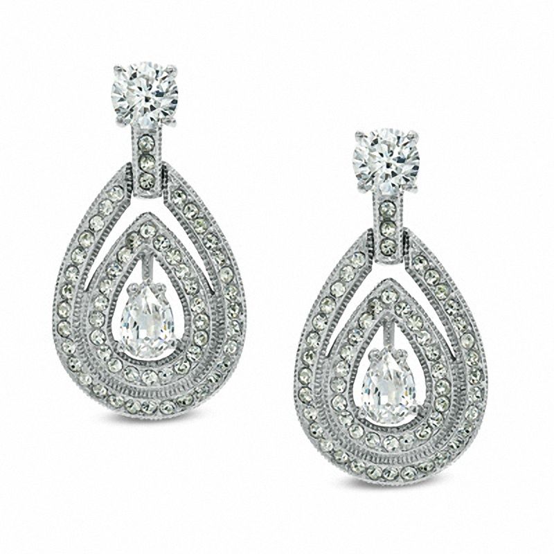 Main Image 1 of Teardrop-Shaped Cubic Zirconia and Crystal Drop Earrings in White Rhodium Brass