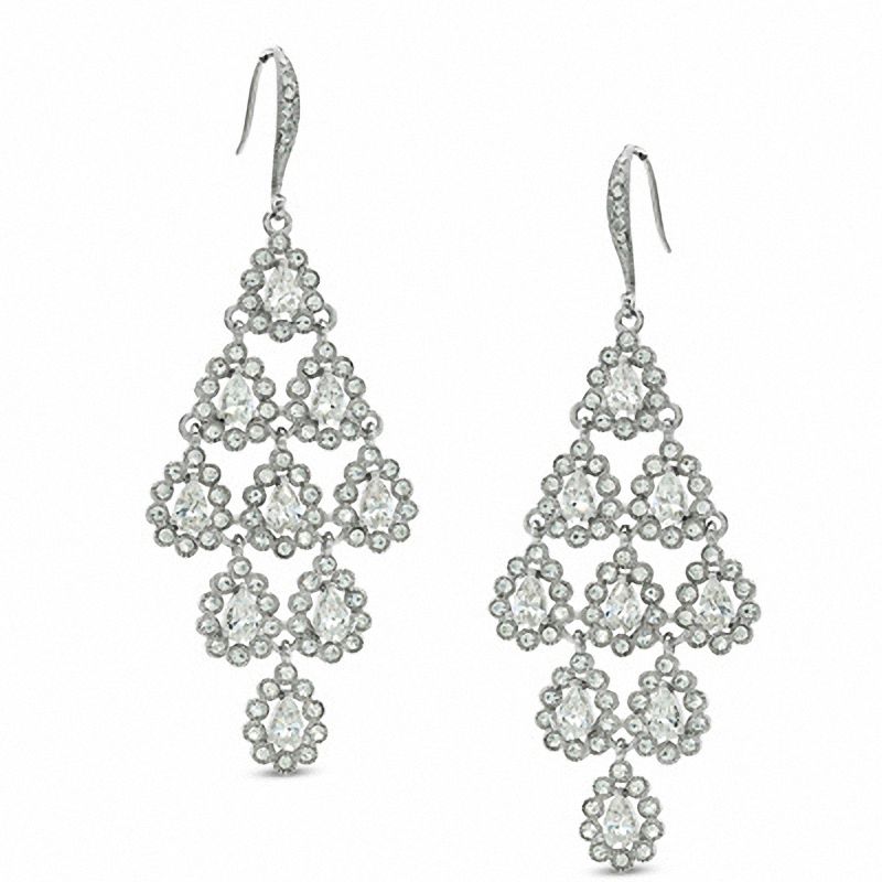 Cubic Zirconia and Crystal Tiered Drop Earrings in White Rhodium Brass