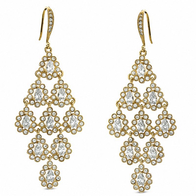 Cubic Zirconia and Crystal Tiered Drop Earrings in Brass with 18K Gold Plate