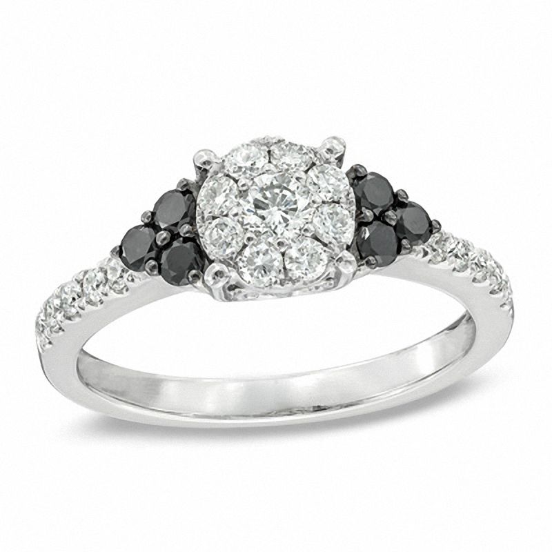 Main Image 1 of 3/4 CT. T.W. Enhanced Black and White Diamond Cluster Engagement Ring in 14K White Gold