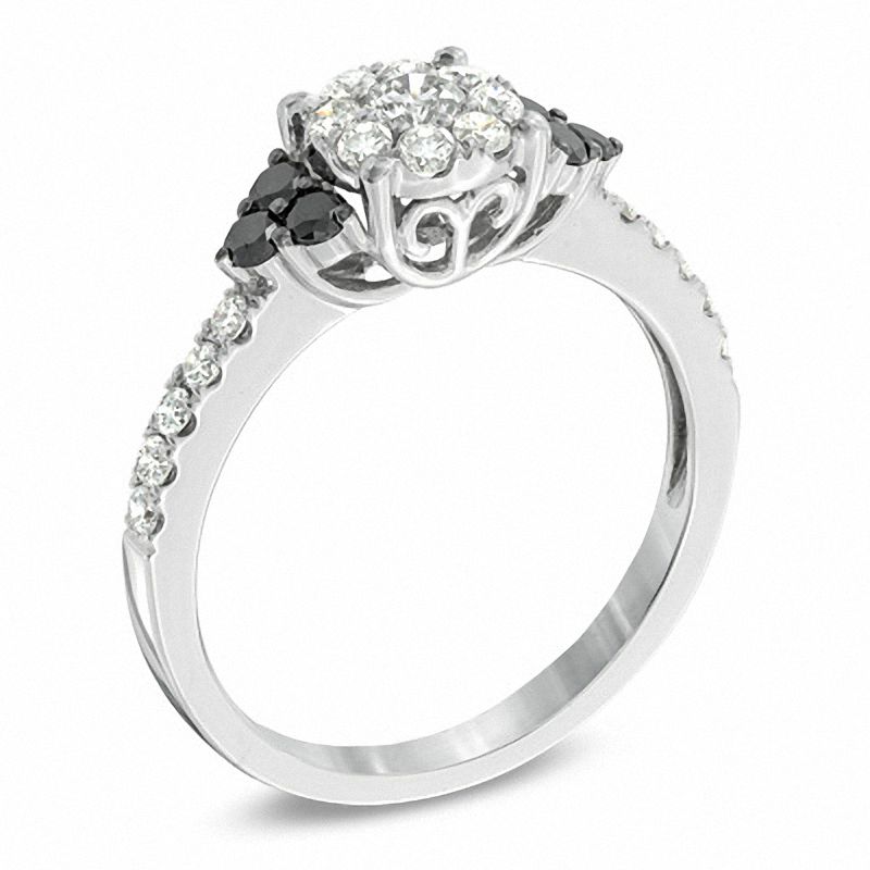 Main Image 2 of 3/4 CT. T.W. Enhanced Black and White Diamond Cluster Engagement Ring in 14K White Gold