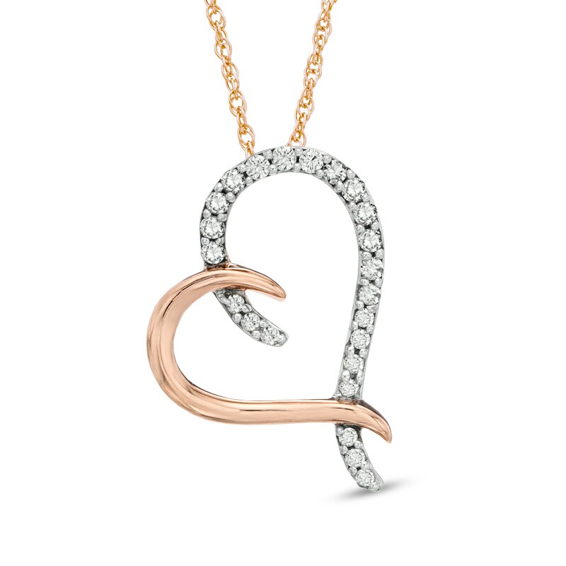 Main Image 1 of 1/5 CT. T.W. Diamond Tilted Ribbon Heart Pendant in 10K Rose Gold