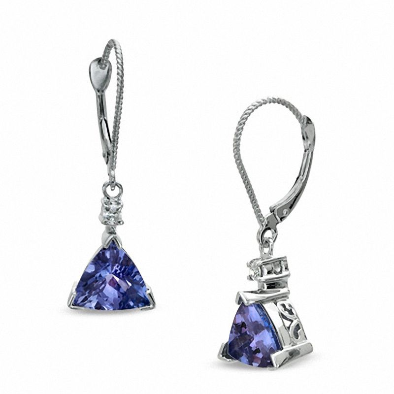 Main Image 1 of 8.0mm Trillion-Cut Tanzanite and Diamond Accent Drop Earrings in 14K White Gold