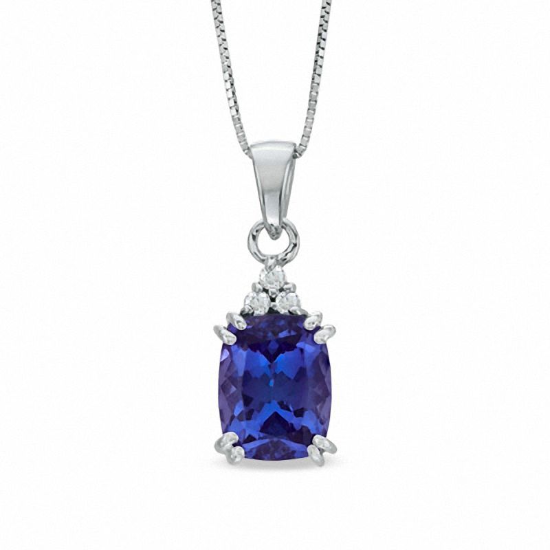 Cushion-Cut Tanzanite and Diamond Accent Pendant in 14K White Gold