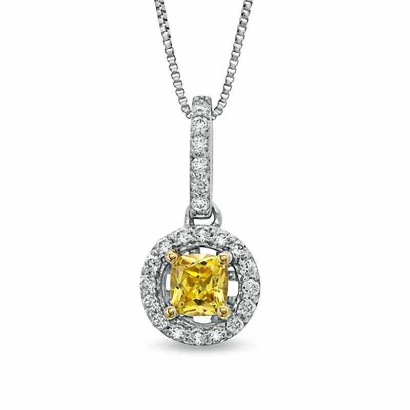 Main Image 1 of 5/8 CT. T.W. Certified Cushion-Cut Natural Yellow and White Diamond Pendant in 14K White Gold (P/I1)