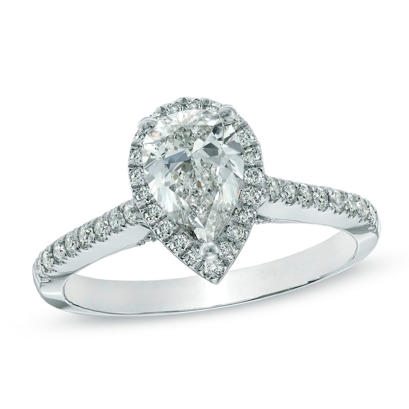 Main Image 1 of 1-1/3 CT. T.W. Certified Pear-Shaped Diamond Frame Engagement Ring in 14K White Gold (I/I1)