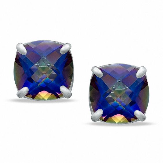 8 0mm Cushion Cut Blue Rainbow Quartz Stud Earrings In Sterling 8 0mm Cushion Cut Blue Rainbow Quartz Stud Earrings In Sterling Silver
