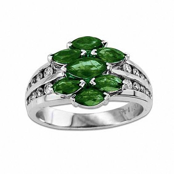 Marquise-Cut Emerald And 1/3 CT. T.W. Diamond Ring In 14K White Gold