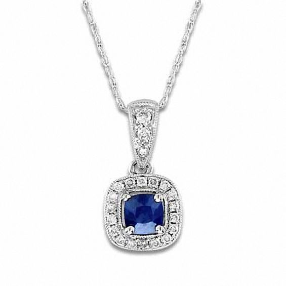 4.0mm Cushion-Cut Blue Sapphire And 1/10 CT. T.W. Diamond Frame Pendant In 14K White Gold