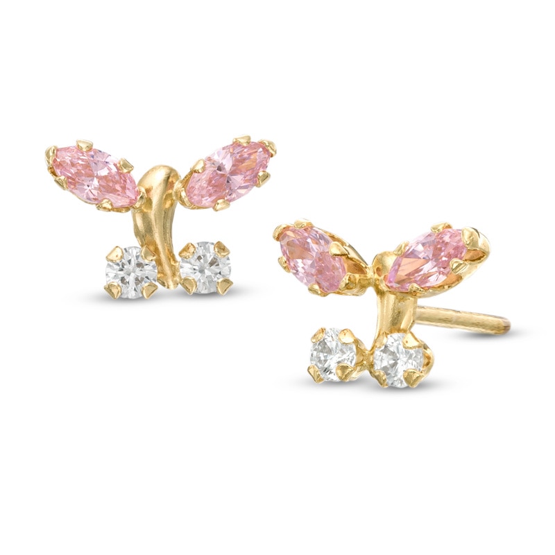 Child's Marquise Pink and Round White Cubic Zirconia Butterfly Stud Earrings in 14K Gold
