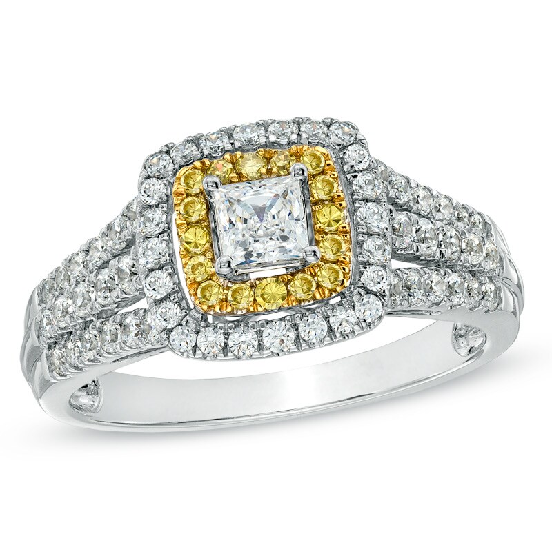 Main Image 1 of 1 CT. T.W. Princess-Cut White and Yellow Diamond Double Frame Ring in 14K White Gold