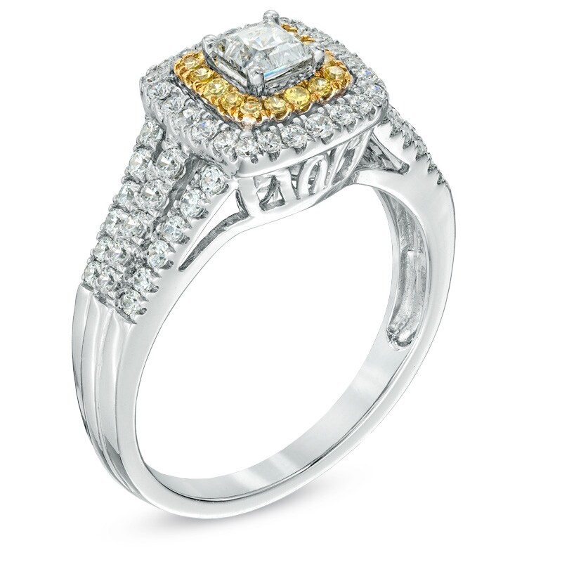 Main Image 2 of 1 CT. T.W. Princess-Cut White and Yellow Diamond Double Frame Ring in 14K White Gold