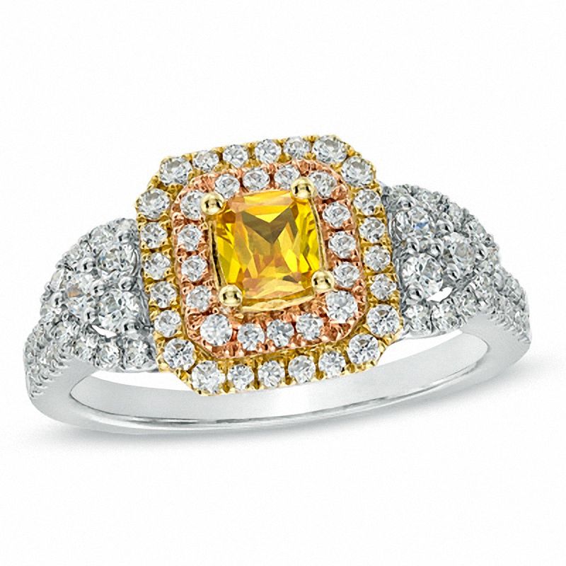 Main Image 1 of 1-1/4 CT. T.W. Certified Cushion-Cut Yellow and White Diamond Engagement Ring in 14K Tri-Tone Gold (P/I1)