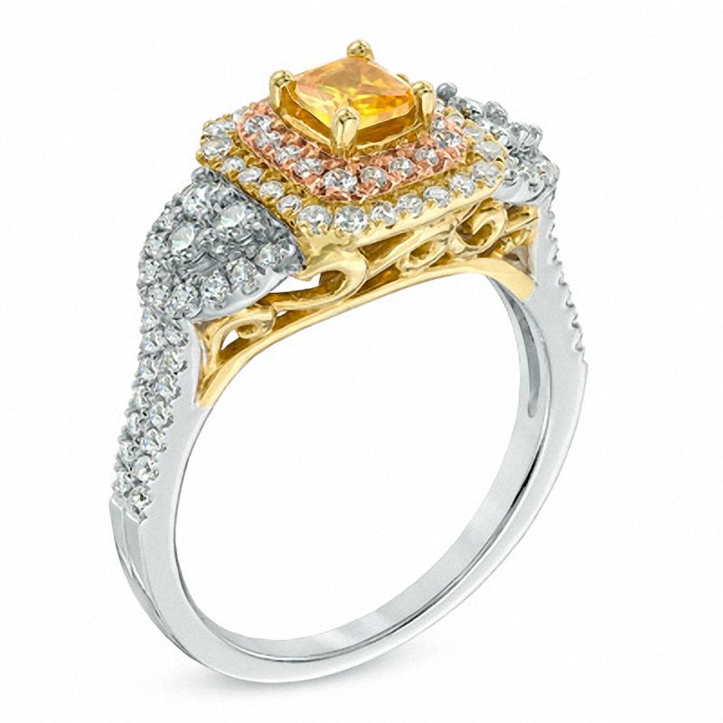 Main Image 2 of 1-1/4 CT. T.W. Certified Cushion-Cut Yellow and White Diamond Engagement Ring in 14K Tri-Tone Gold (P/I1)