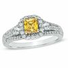 Thumbnail Image 0 of 1-1/4 CT. T.W. Certified Cushion-Cut Yellow and White Diamond Past Present Future® Ring in 14K White Gold (P/SI2)