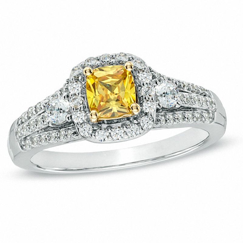 1-1/4 CT. T.W. Certified Cushion-Cut Yellow and White Diamond Past Present Future® Ring in 14K White Gold (P/SI2)