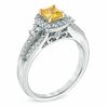Thumbnail Image 1 of 1-1/4 CT. T.W. Certified Cushion-Cut Yellow and White Diamond Past Present Future® Ring in 14K White Gold (P/SI2)